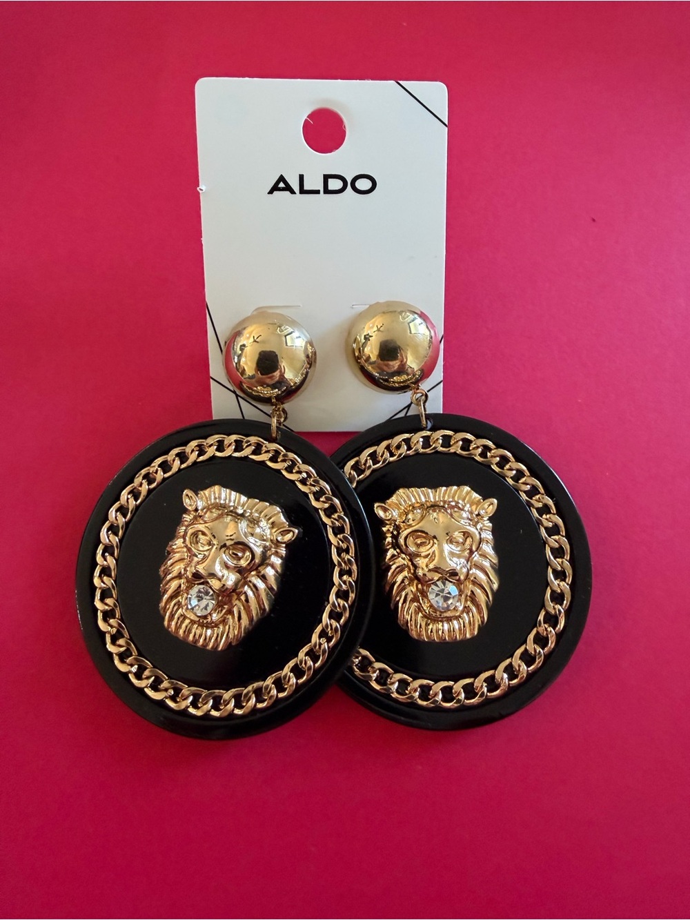 Aldo Black and Gold Lion-Head Drop Earrings